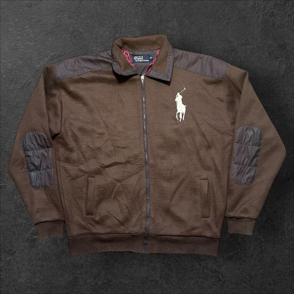 Rare Polo Ralph Lauren Knit Bomber Jacket 3XL Brown Nylon Trim Lined Vintage